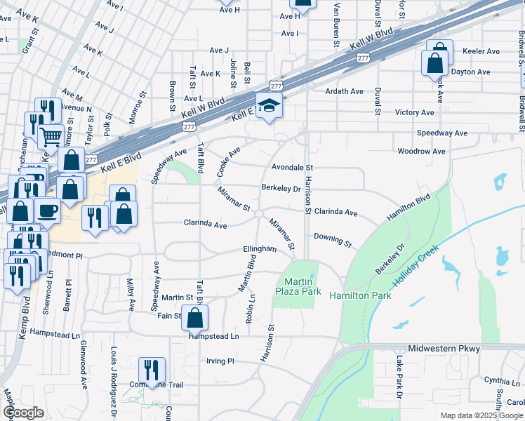 map of restaurants, bars, coffee shops, grocery stores, and more near 2199 Clarinda Avenue in Wichita Falls