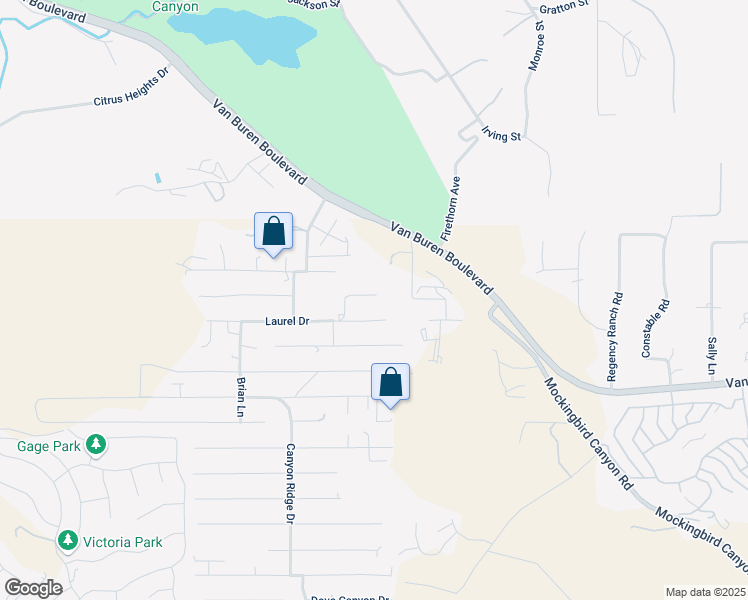 map of restaurants, bars, coffee shops, grocery stores, and more near 14461 Oakley Drive in Riverside