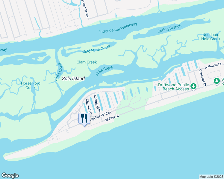map of restaurants, bars, coffee shops, grocery stores, and more near 133 Via Old Sound Boulevard in Ocean Isle Beach