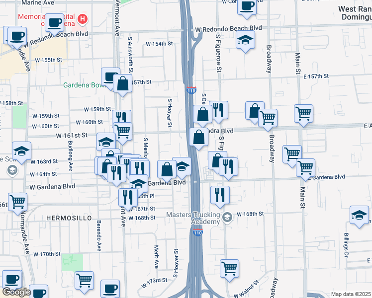 map of restaurants, bars, coffee shops, grocery stores, and more near 16209 Estrella Avenue in Gardena
