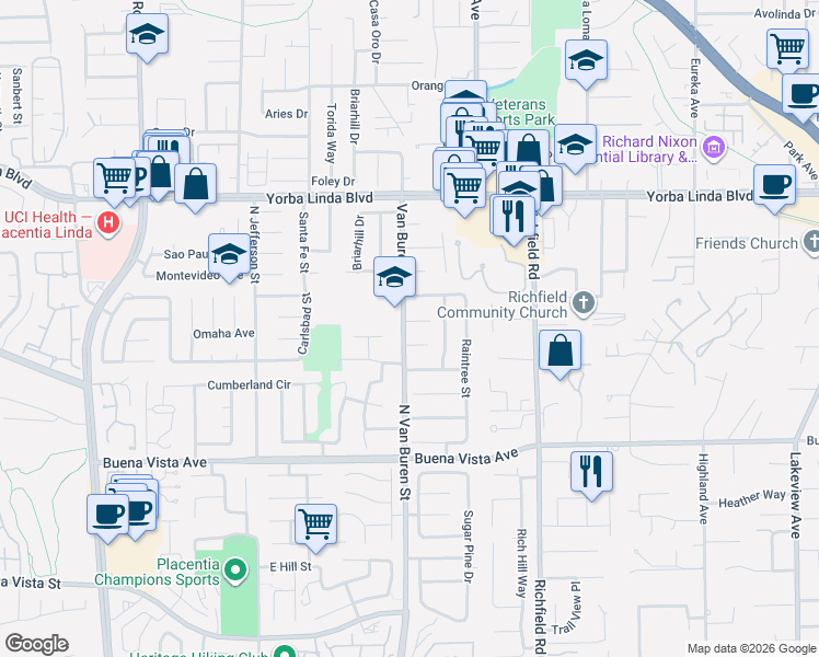 map of restaurants, bars, coffee shops, grocery stores, and more near 17342 Stafford Circle in Yorba Linda