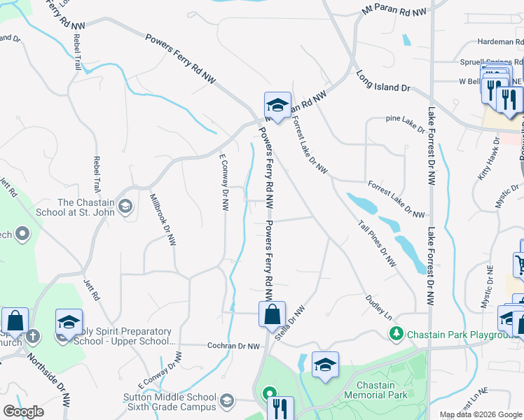 map of restaurants, bars, coffee shops, grocery stores, and more near 4720 Powers Ferry Road Northwest in Atlanta