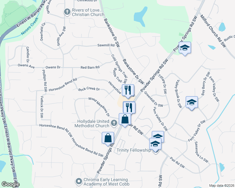 map of restaurants, bars, coffee shops, grocery stores, and more near 2297 Horseshoe Bend Road in Marietta