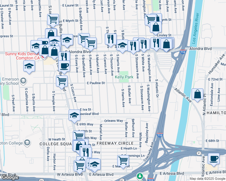 map of restaurants, bars, coffee shops, grocery stores, and more near 16523 South Thorson Avenue in Compton