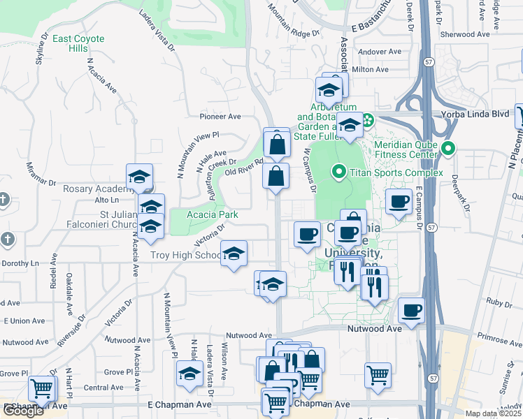map of restaurants, bars, coffee shops, grocery stores, and more near 1415 Concord Avenue in Fullerton
