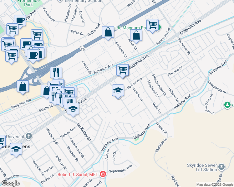 map of restaurants, bars, coffee shops, grocery stores, and more near 3754 Harvill Lane in Riverside