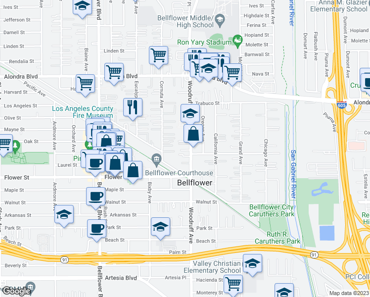 map of restaurants, bars, coffee shops, grocery stores, and more near 16437 Woodruff Avenue in Bellflower
