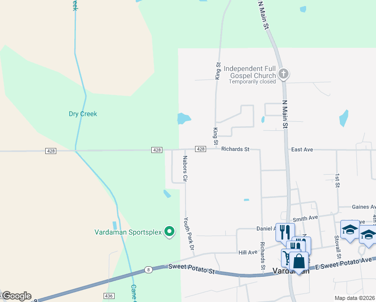 map of restaurants, bars, coffee shops, grocery stores, and more near 101 Nabors Circle in Vardaman
