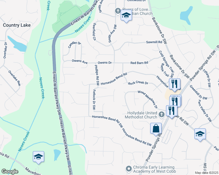 map of restaurants, bars, coffee shops, grocery stores, and more near 2972 Fetlock Dr in Marietta