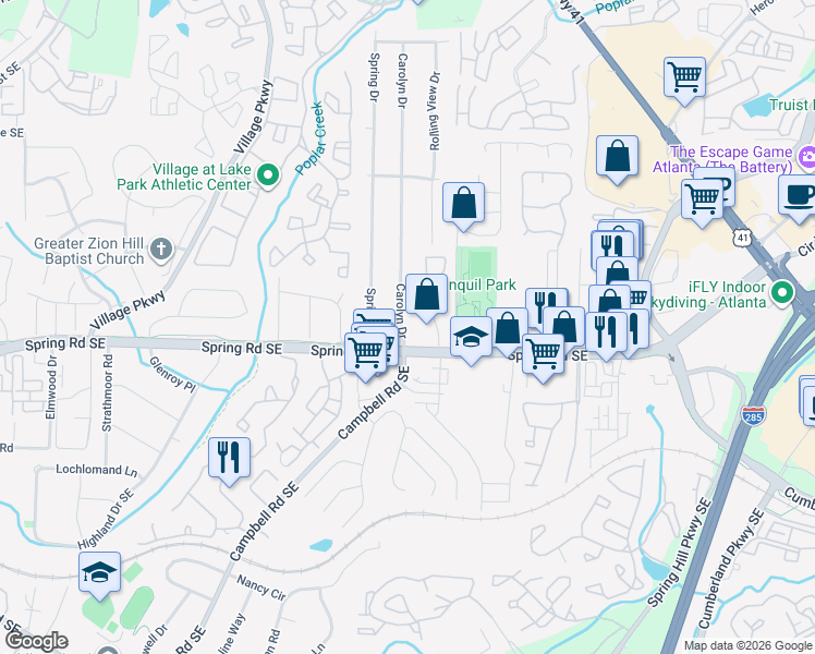map of restaurants, bars, coffee shops, grocery stores, and more near 2831 Carolyn Drive in Smyrna