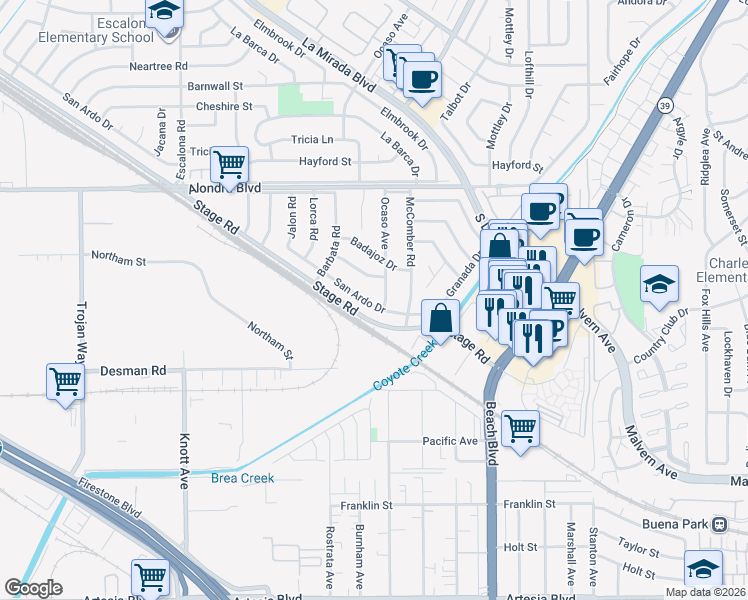 map of restaurants, bars, coffee shops, grocery stores, and more near 15373 San Ardo Drive in La Mirada