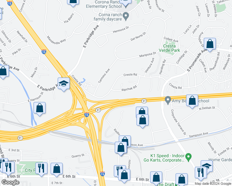 map of restaurants, bars, coffee shops, grocery stores, and more near 1424 Ripchak Road in Corona