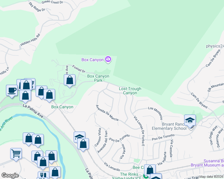 map of restaurants, bars, coffee shops, grocery stores, and more near 5150 Avenue De Despacio in Yorba Linda