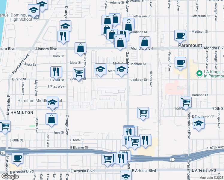 map of restaurants, bars, coffee shops, grocery stores, and more near in Paramount