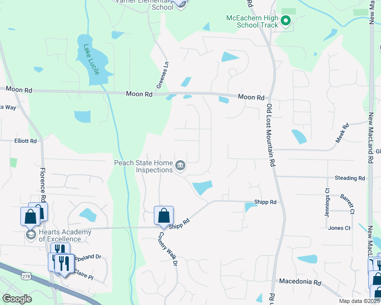 map of restaurants, bars, coffee shops, grocery stores, and more near 2687 Mountain Oaks Court Southwest in Powder Springs