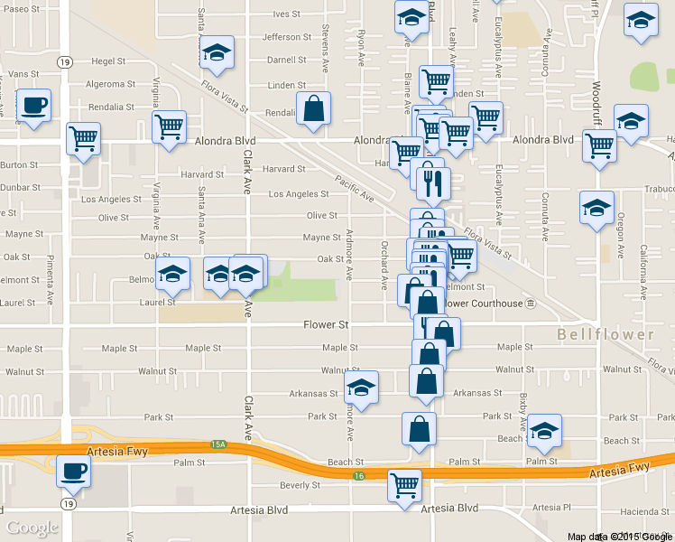 map of restaurants, bars, coffee shops, grocery stores, and more near 16607 Ardmore Avenue in Bellflower