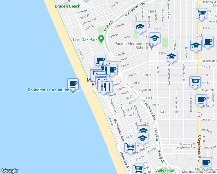 map of restaurants, bars, coffee shops, grocery stores, and more near 1015 Highland Avenue in Manhattan Beach