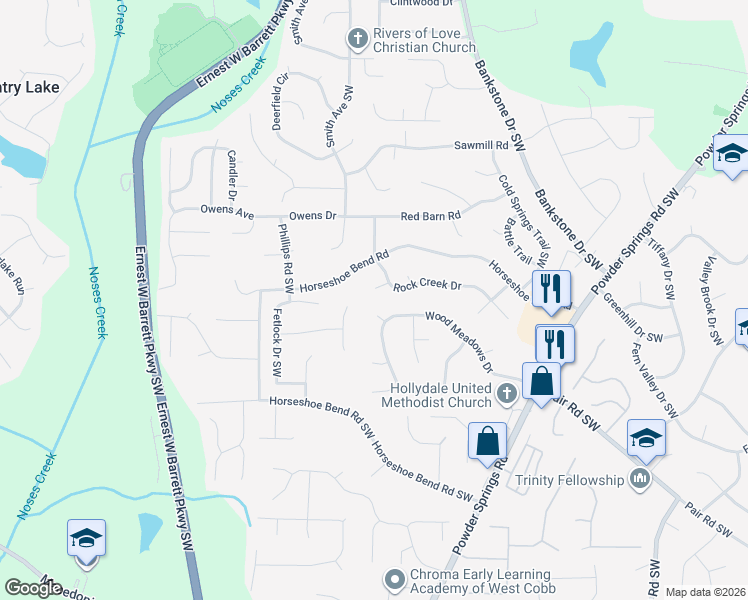 map of restaurants, bars, coffee shops, grocery stores, and more near 2537 Rock Creek Court in Marietta