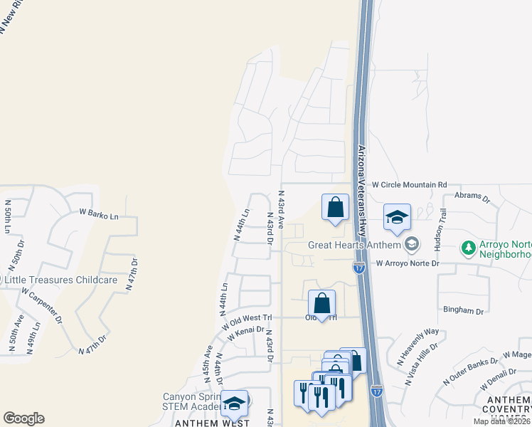 map of restaurants, bars, coffee shops, grocery stores, and more near 4312 West Dorsaneo Lane in Phoenix