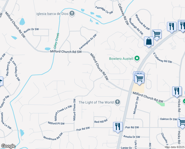 map of restaurants, bars, coffee shops, grocery stores, and more near 3075 Milford Chase Southwest in Marietta