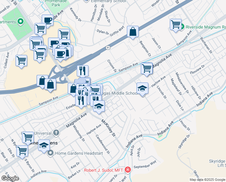 map of restaurants, bars, coffee shops, grocery stores, and more near 2374 Fan Palm Drive in Corona