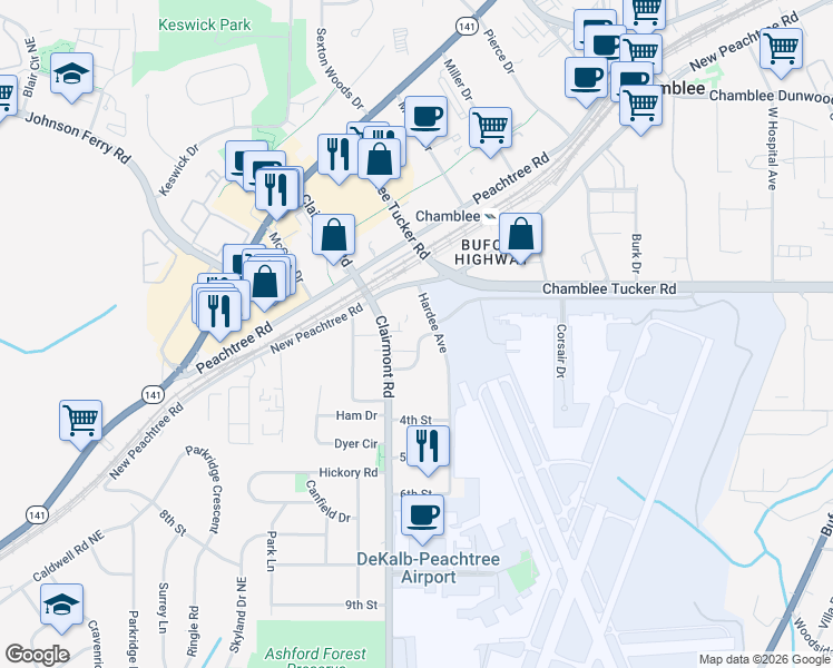 map of restaurants, bars, coffee shops, grocery stores, and more near 4151 Clairmont Road in Chamblee