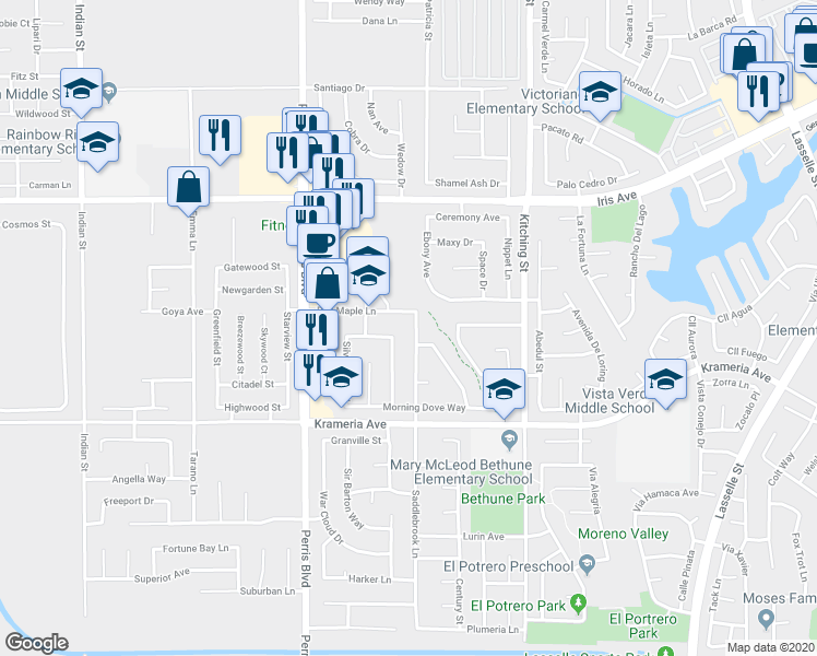 map of restaurants, bars, coffee shops, grocery stores, and more near 16309 Saddlebrook Lane in Moreno Valley