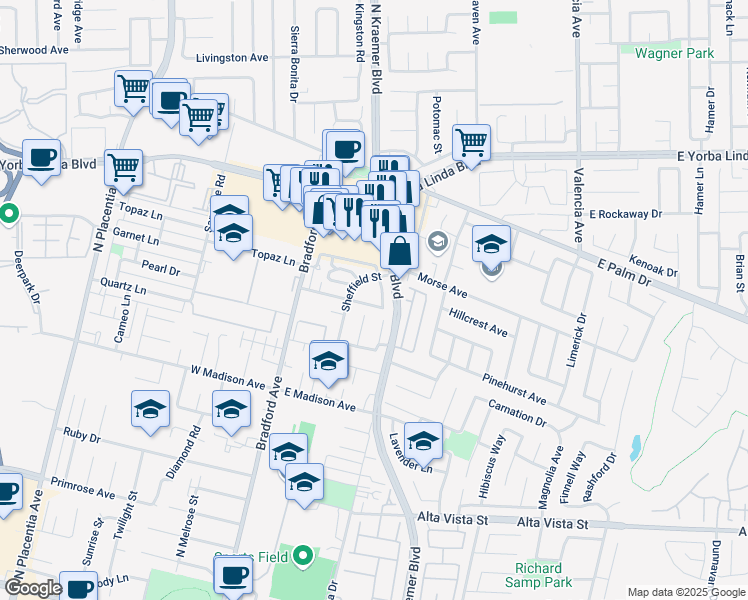 map of restaurants, bars, coffee shops, grocery stores, and more near 1130 Nottingham Way in Placentia