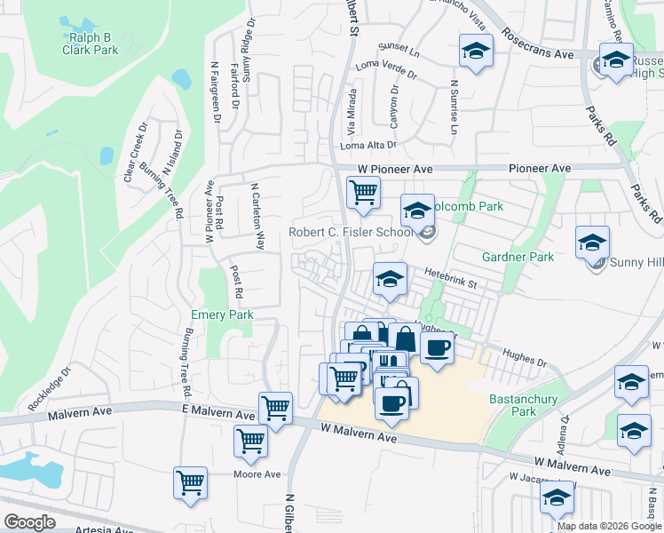 map of restaurants, bars, coffee shops, grocery stores, and more near 1203 North Gilbert Street in Fullerton
