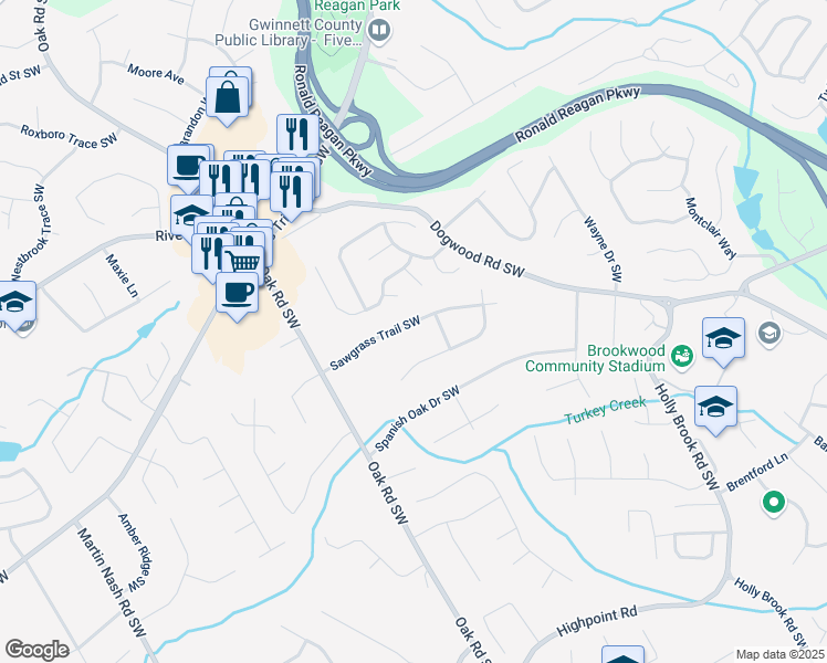 map of restaurants, bars, coffee shops, grocery stores, and more near 2894 Sawgrass Trail Southwest in Lilburn