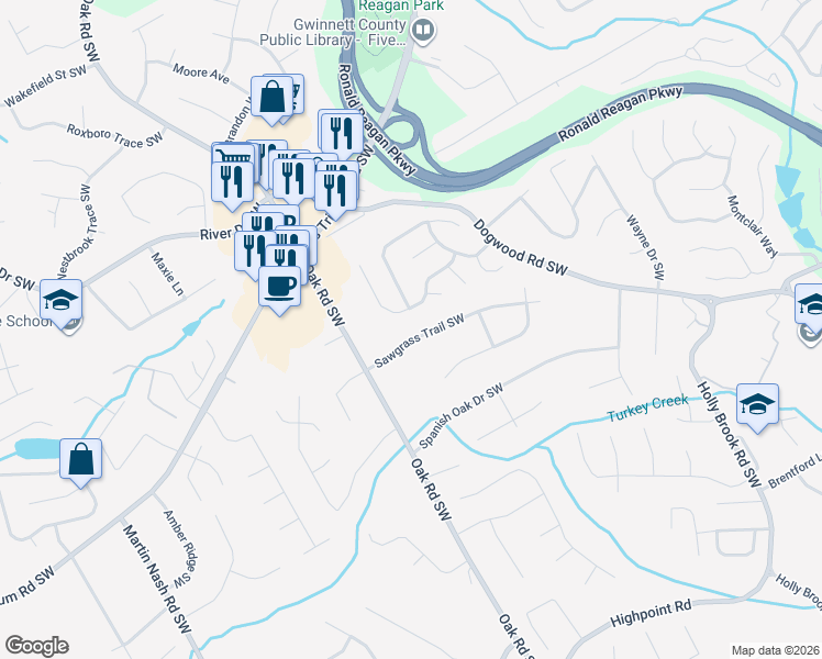 map of restaurants, bars, coffee shops, grocery stores, and more near 2954 Sawgrass Trail Southwest in Lilburn