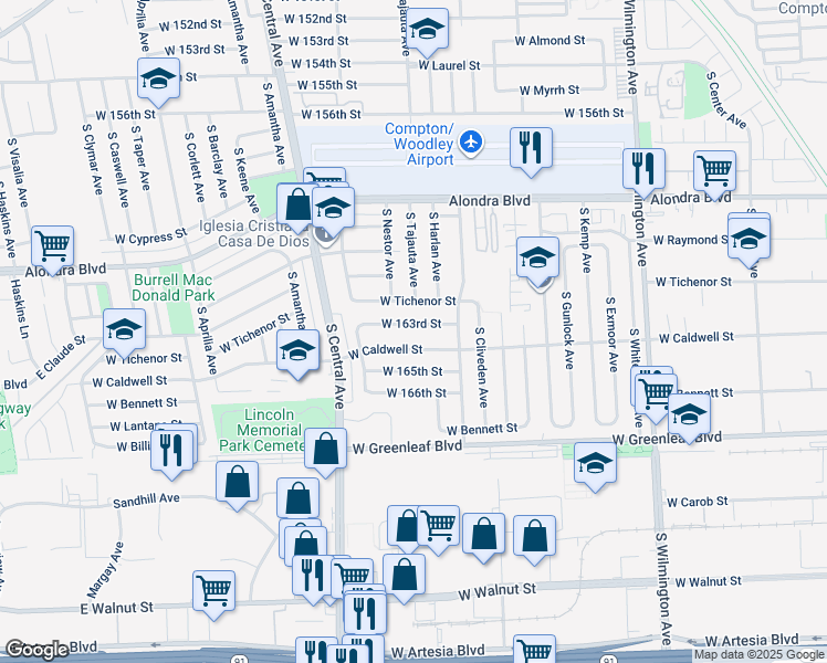 map of restaurants, bars, coffee shops, grocery stores, and more near 1620 West Caldwell Street in Compton