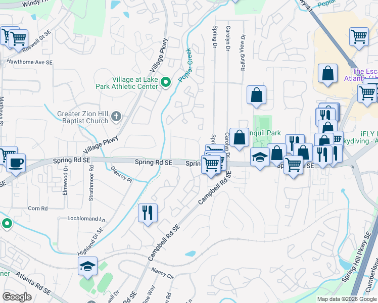 map of restaurants, bars, coffee shops, grocery stores, and more near 105 Country Park Drive in Smyrna