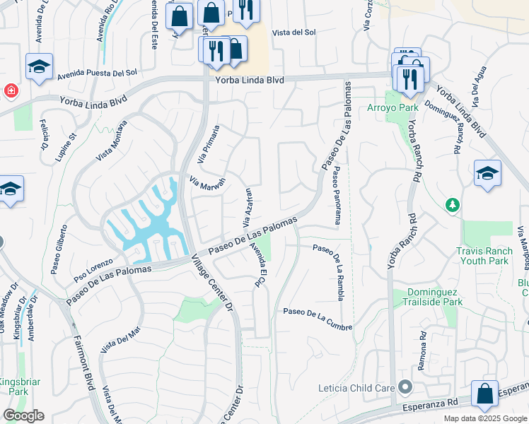 map of restaurants, bars, coffee shops, grocery stores, and more near 20555 Vía Campanas in Yorba Linda