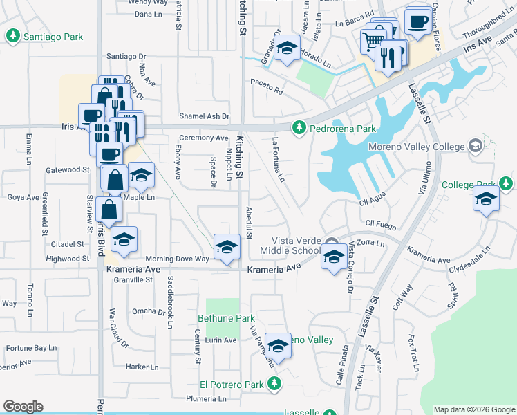 map of restaurants, bars, coffee shops, grocery stores, and more near 25586 Calabria Drive in Moreno Valley
