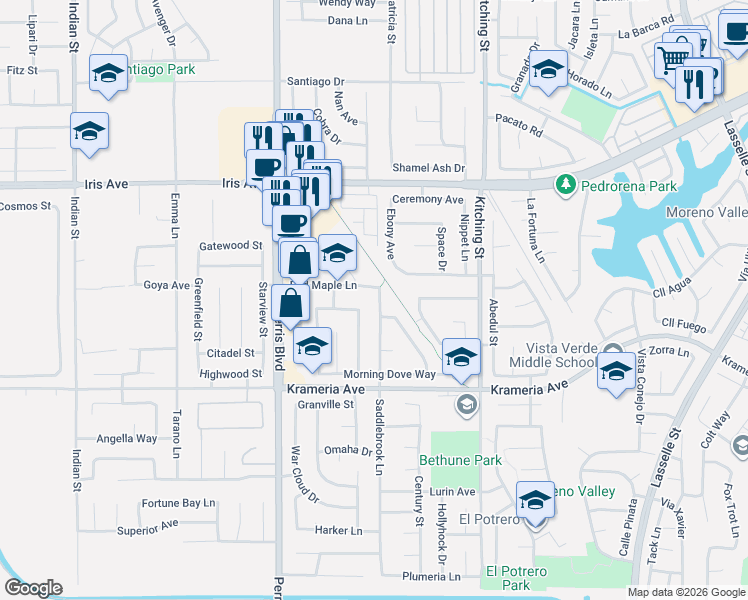 map of restaurants, bars, coffee shops, grocery stores, and more near 16349 Saddlebrook Lane in Moreno Valley