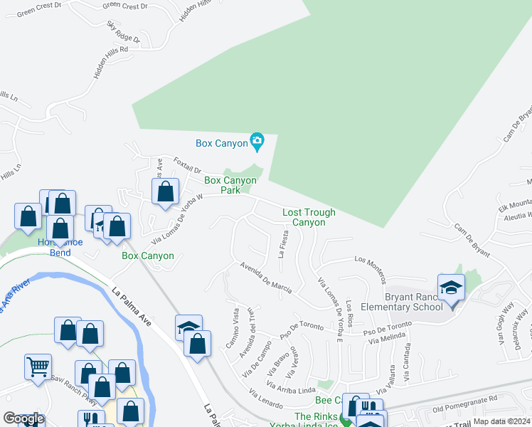 map of restaurants, bars, coffee shops, grocery stores, and more near 5150 Avenue De Despacio in Yorba Linda