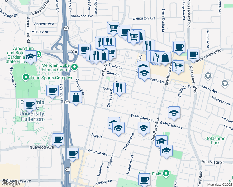 map of restaurants, bars, coffee shops, grocery stores, and more near 530 Sheree Lane in Placentia