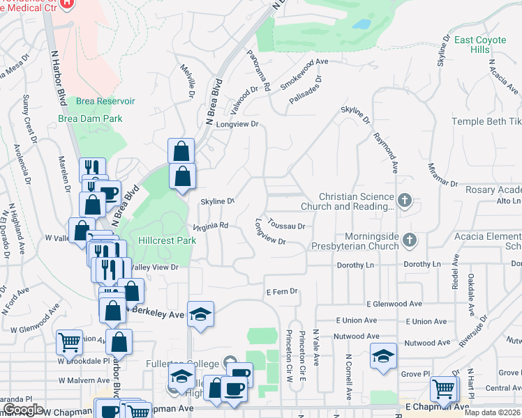 map of restaurants, bars, coffee shops, grocery stores, and more near 700 Toussau Dr in Fullerton