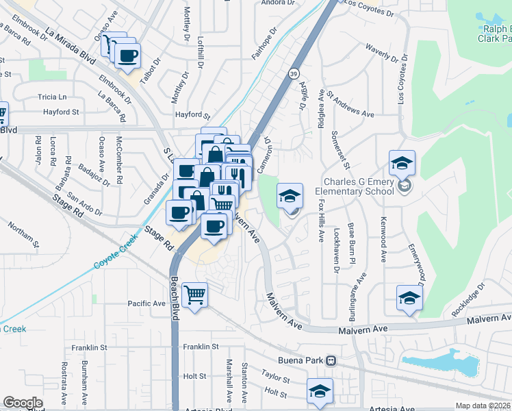 map of restaurants, bars, coffee shops, grocery stores, and more near 5307 Humboldt Drive in Buena Park