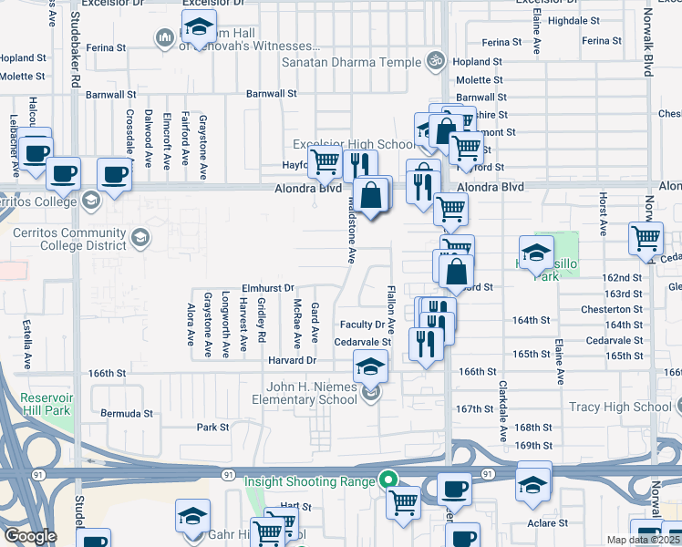 map of restaurants, bars, coffee shops, grocery stores, and more near 16305 Maidstone Avenue in Norwalk