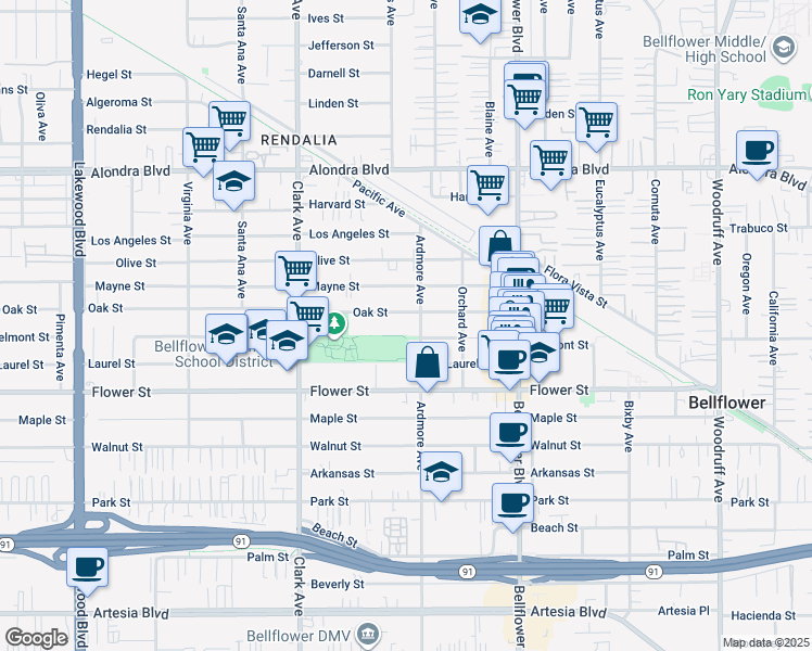 map of restaurants, bars, coffee shops, grocery stores, and more near 16607 Ardmore Avenue in Bellflower
