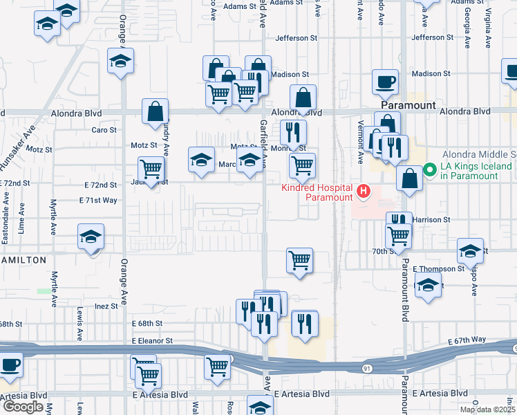 map of restaurants, bars, coffee shops, grocery stores, and more near in Paramount