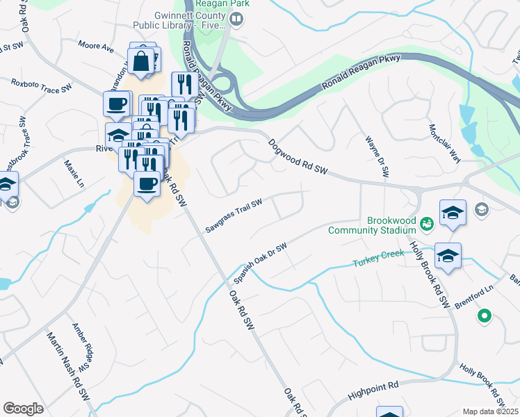 map of restaurants, bars, coffee shops, grocery stores, and more near 2894 Sawgrass Trail Southwest in Lilburn
