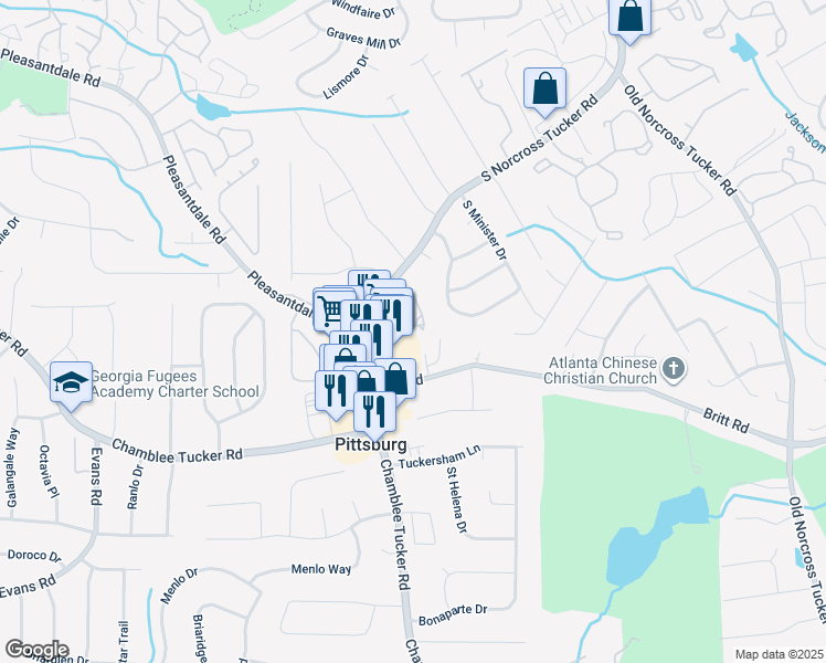 map of restaurants, bars, coffee shops, grocery stores, and more near 3216 Scyler Place in Tucker