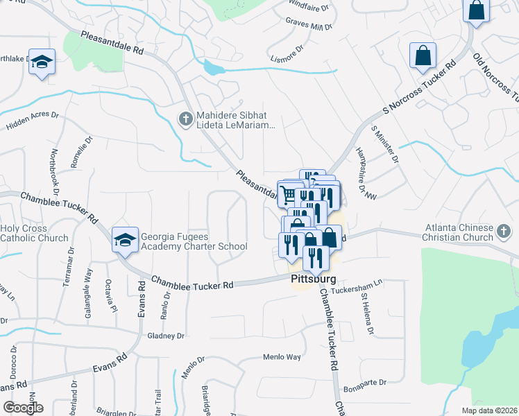 map of restaurants, bars, coffee shops, grocery stores, and more near 3213 Westmart Lane in Doraville