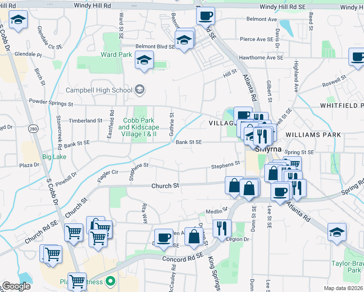 map of restaurants, bars, coffee shops, grocery stores, and more near 1076 Bank Street Southeast in Smyrna
