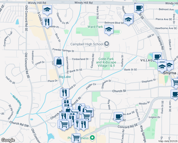 map of restaurants, bars, coffee shops, grocery stores, and more near 842 Bank Street Southeast in Smyrna