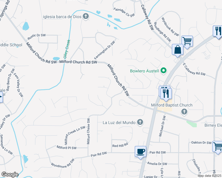 map of restaurants, bars, coffee shops, grocery stores, and more near 3075 Milford Chase Southwest in Marietta