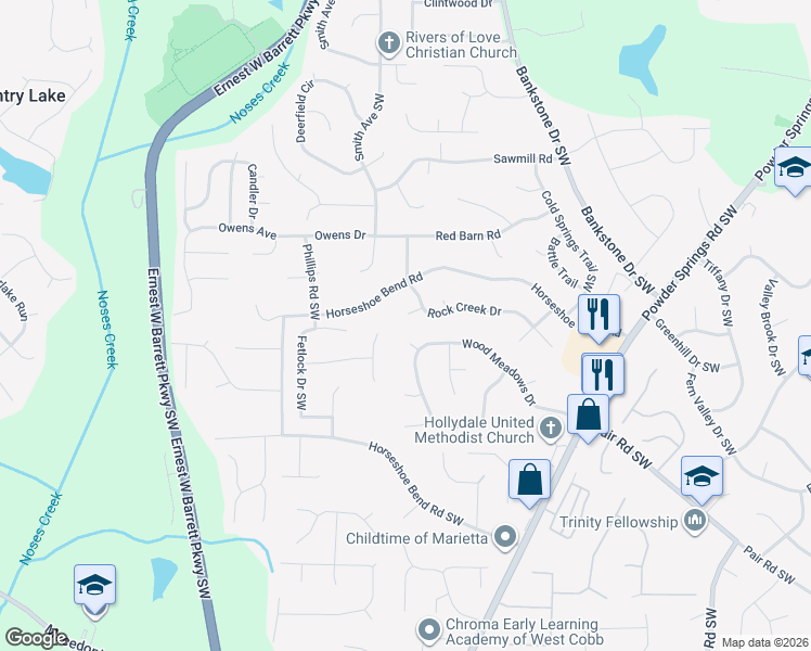 map of restaurants, bars, coffee shops, grocery stores, and more near 2537 Rock Creek Court in Marietta